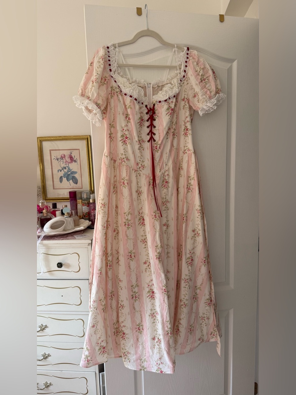 Lacemade pink & cream Floral Lace-Trim corset midi dress